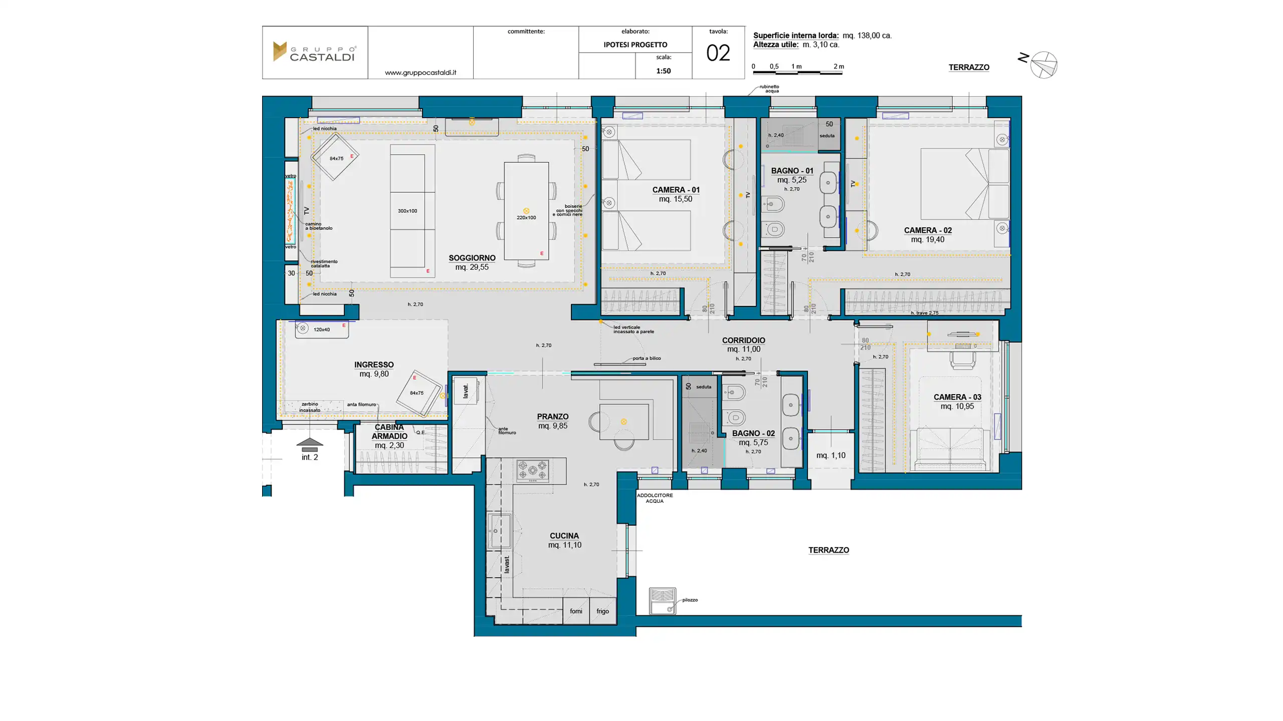 Progetto di ristrutturazione casa Roma Balduina – planimetria post operam finale, appartamento 138 mq ristrutturato da Gruppo Castaldi