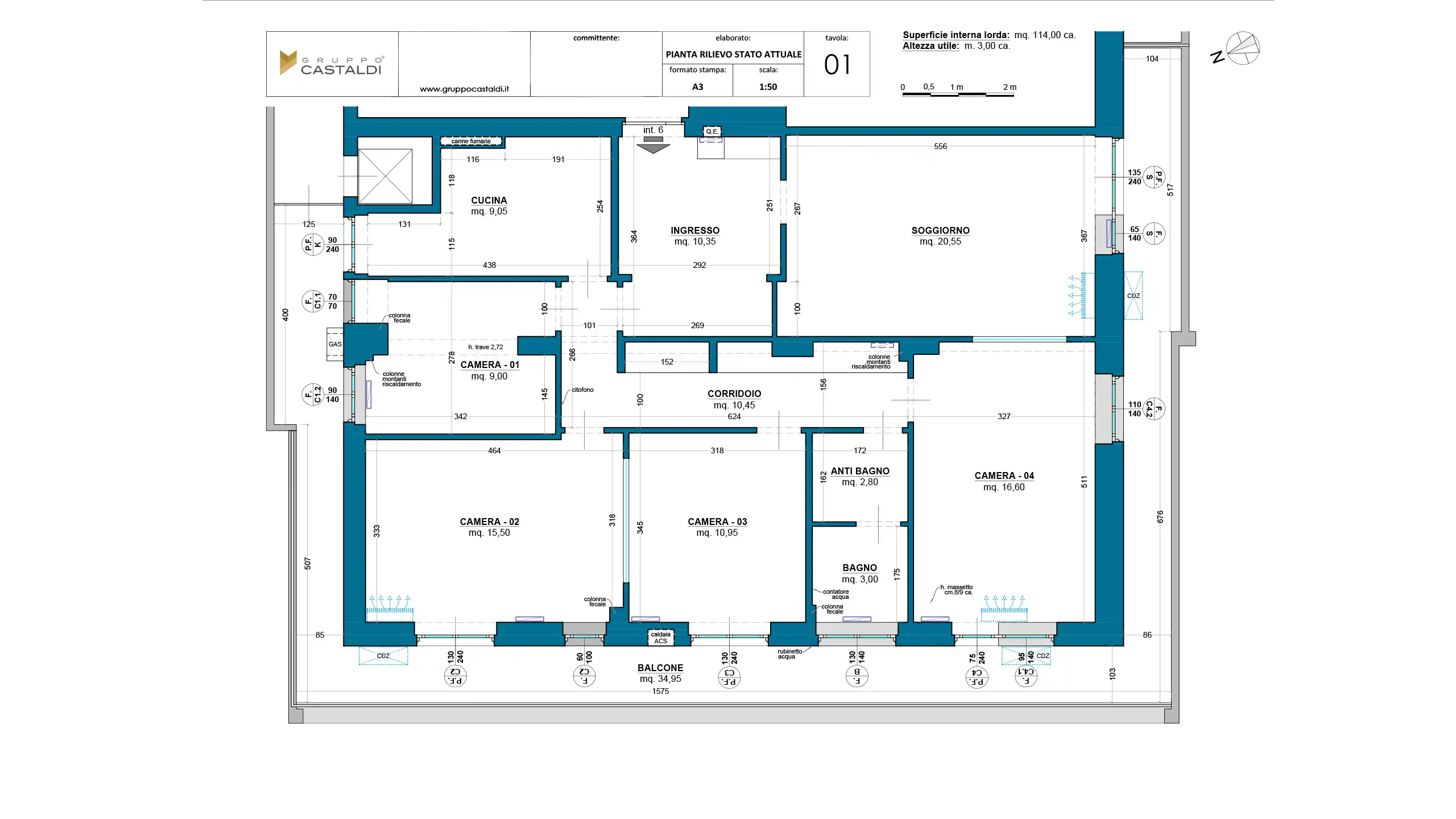 Planimetria originale appartamento a Roma EUR – rilievo ante operam prima della ristrutturazione eseguita da Gruppo Castaldi